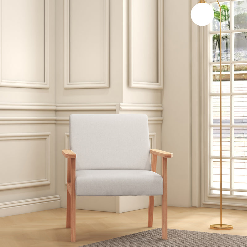 HOMCOM Accent Chair with Wood Frame Wide Seat Linen Armchair Cream White