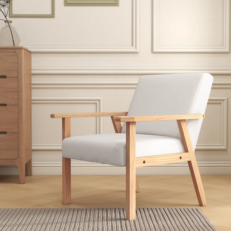 HOMCOM Accent Chair with Wood Frame Wide Seat Linen Armchair Cream White