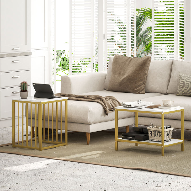 HOMCOM Modern Coffee Table Set of Two w/ Steel Frame Marble-Effect Gold Tone