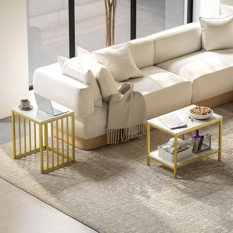 HOMCOM Modern Coffee Table Set of Two w/ Steel Frame Marble-Effect Gold Tone