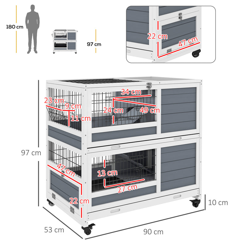 PawHut Double Deckers Indoor Rabbit Hutch W/ Feeding Trough, Slide-Out Trays