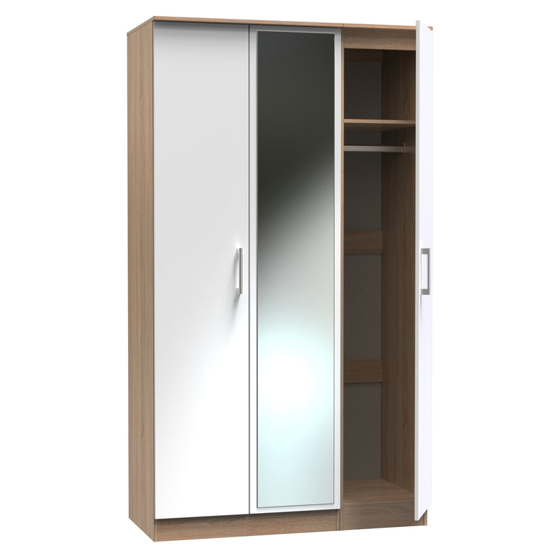 Milan Ready Assembled Wardrobe with Triple Mirror - White Gloss / Oak