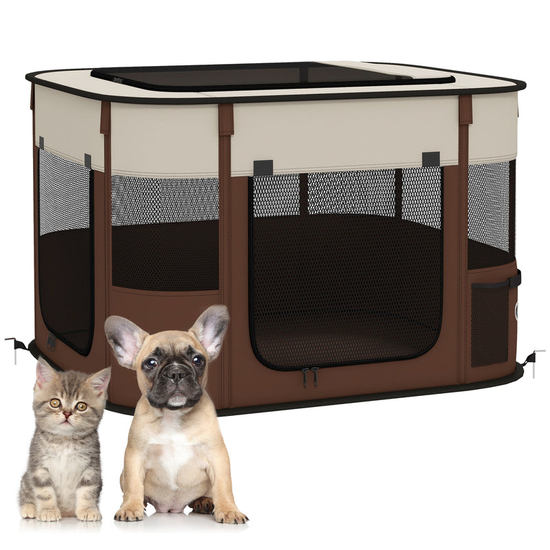 PawHut Portable Dog Pen for Puppies, Rabbits, Kittens, Guinea Pigs - Brown