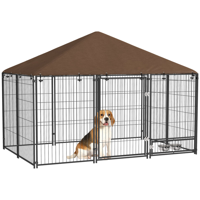 PawHut Outdoor Dog House Kennel with Canopy Top & Lock Rotating Bowl Holder