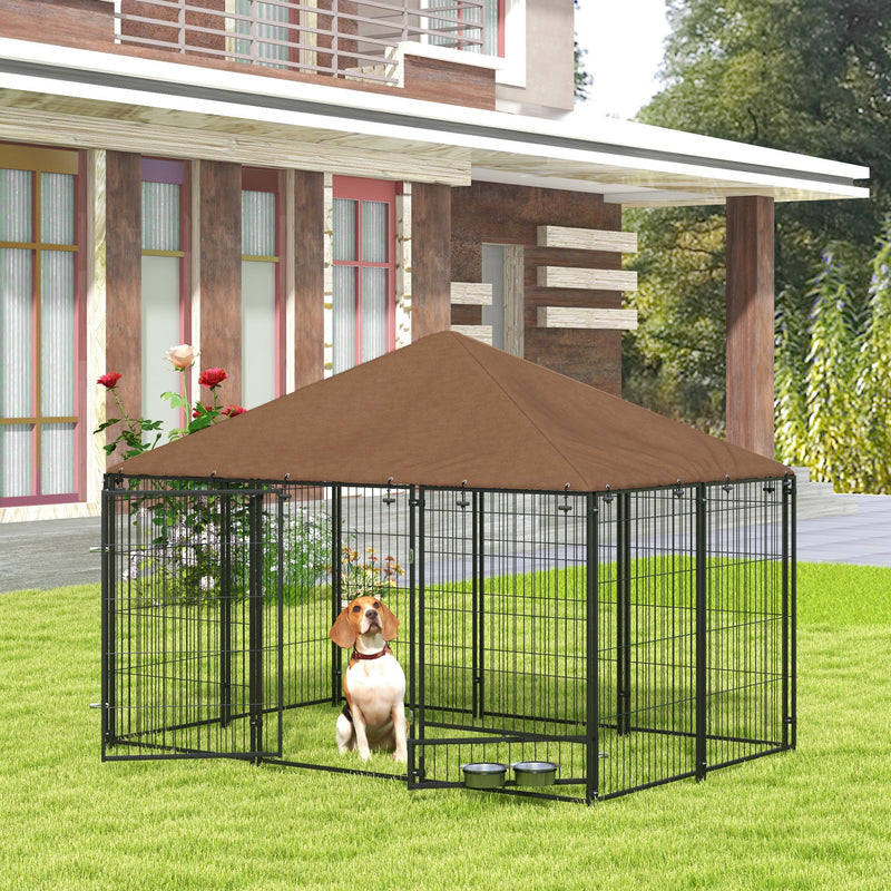 PawHut Outdoor Dog House Kennel with Canopy Top & Lock Rotating Bowl Holder