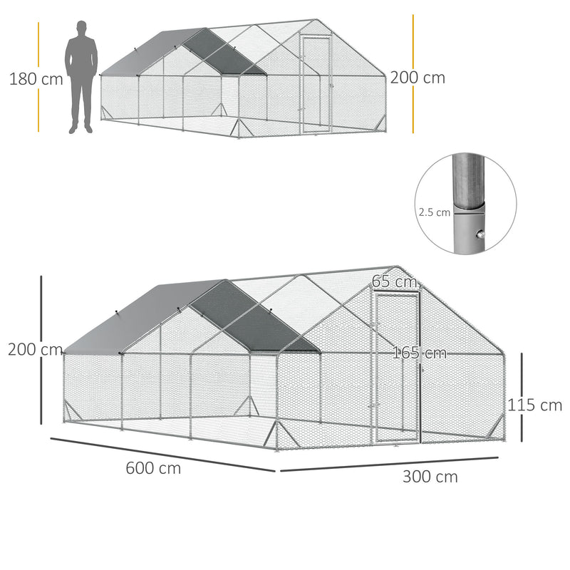 PawHut Walk In Chicken Run Large Galvanised Chicken Coop w/ Cover 6 x 3 x 2m