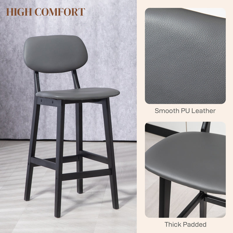 HOMCOM Breakfast Bar stools Set of 2 with PU Leather Cover, Wood Legs, Dark Grey