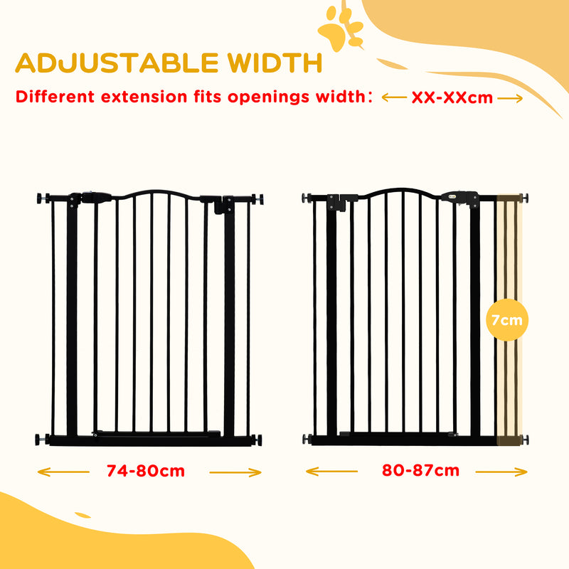 PawHut 74-87cm Adjustable Metal Pet Gate Safety Barrier w/ Auto-Close Door Black