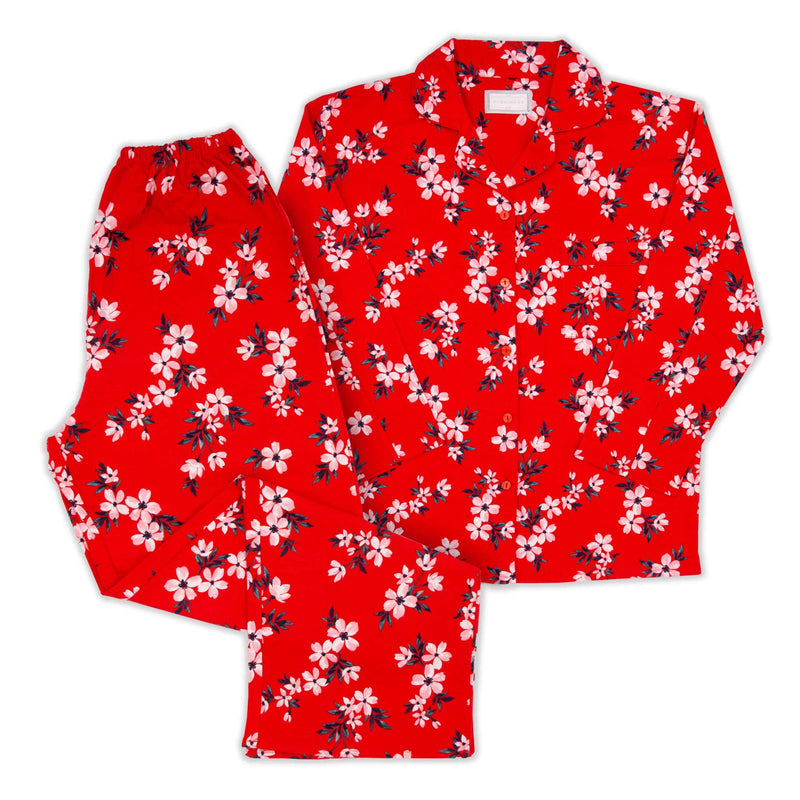 Ladies Floral Flannel Pyjama  - Red