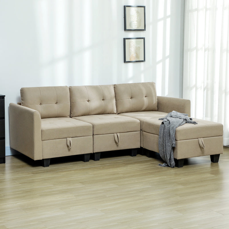 HOMCOM Convertible Modular Sectional Sofa w/ Storage Wood Frame Light Brown