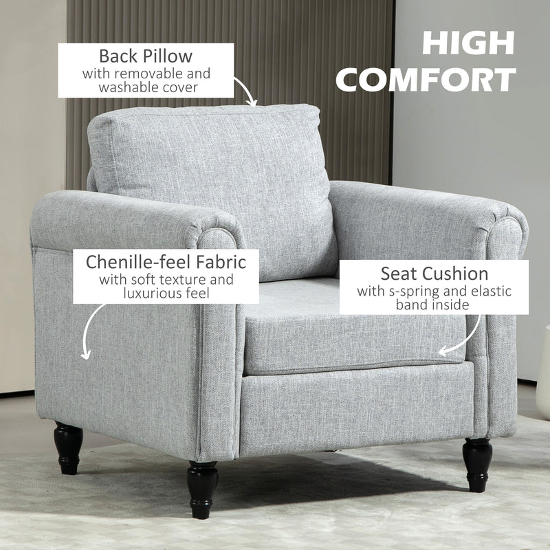 HOMCOM Vintage Armchair Fabric Accent Chair with Wood Legs Light Grey