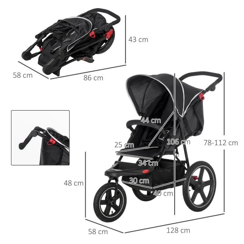 HOMCOM Three Wheeler Pushchair - Stroller - Pram - Black