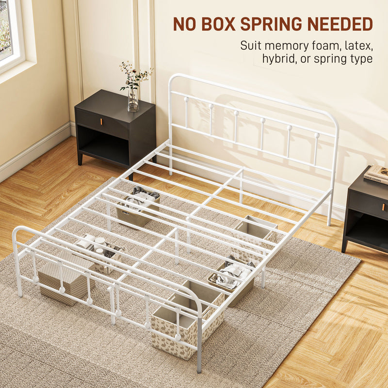 HOMCOM 4ft Metal Double Platform Bed Frame w/ Underbed Storage Headboard White