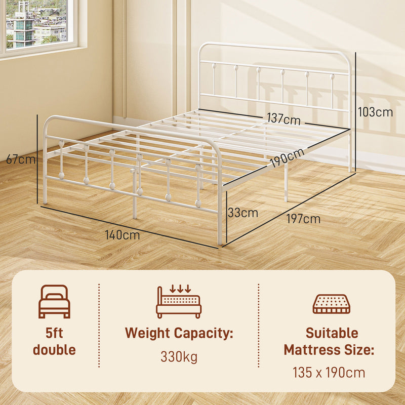 HOMCOM 4ft Metal Double Platform Bed Frame w/ Underbed Storage Headboard White