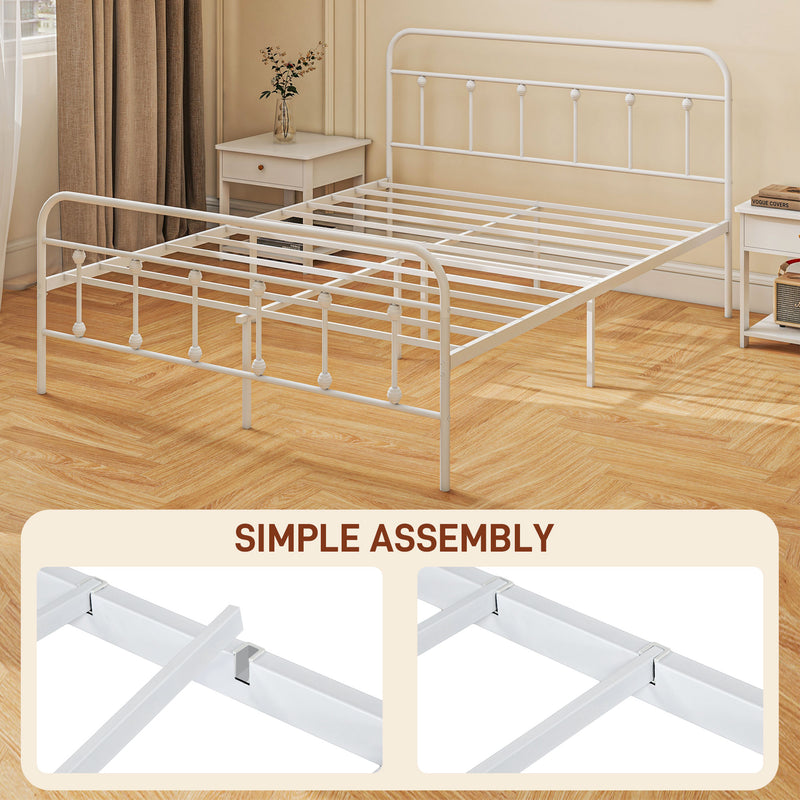 HOMCOM 4ft Metal Double Platform Bed Frame w/ Underbed Storage Headboard White