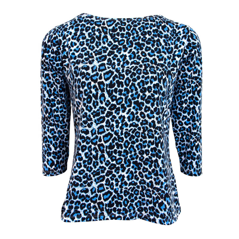 Slash Neck 3/4 Sleeved Leopard T-Shirt - Navy & White