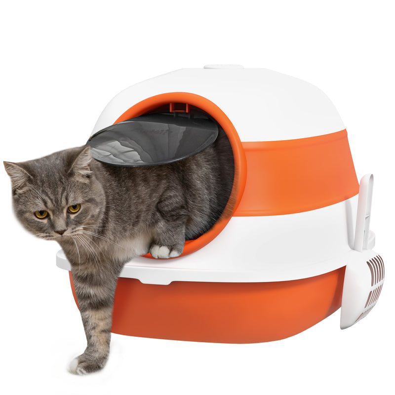 PawHut Foldable Cat Litter Tray Hooded Cat Litter Box w/ High Side, Orange