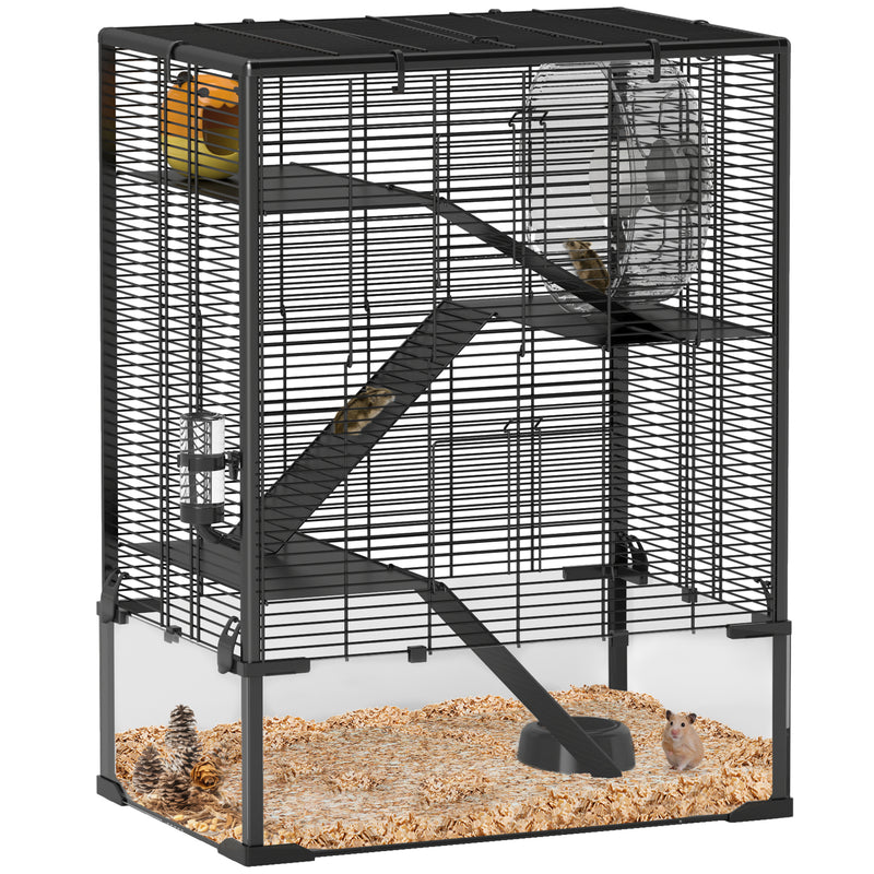 PawHut 4 Tiers Hamster Cage with Deep Tempered Glass Bottom, 60 x 40 x 80cm