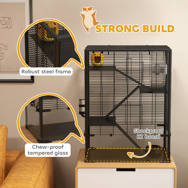 PawHut 4 Tiers Hamster Cage with Deep Tempered Glass Bottom, 60 x 40 x 80cm