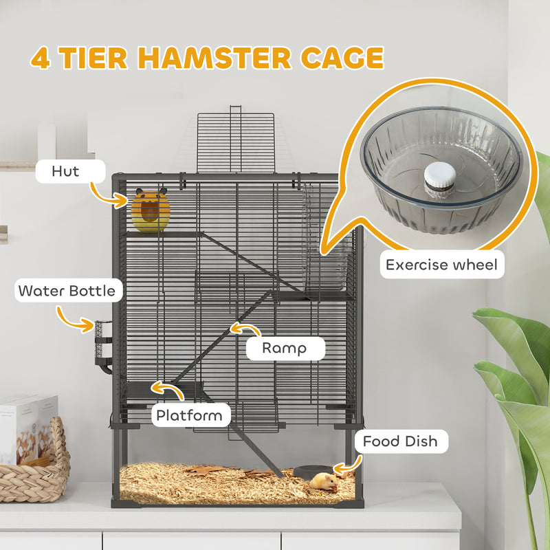 PawHut 4 Tiers Hamster Cage with Deep Tempered Glass Bottom, 60 x 40 x 80cm