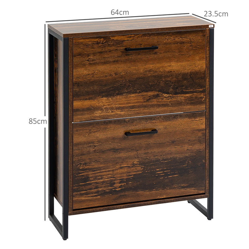 HOMCOM 2 Flip Door Shoe Cabinet with Divider for Entryway Rustic Brown