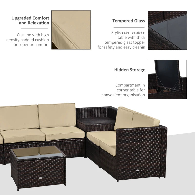Outsunny Rattan Corner Sofa Set with Table - Brown