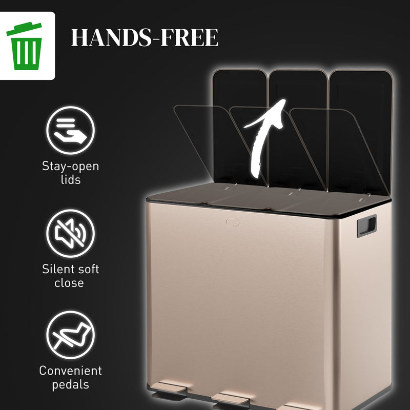 HOMCOM 3 x 15L Triple Kitchen Bin Pedal Bin for Recycling and Waste, Gold Tone