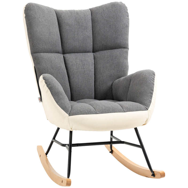 HOMCOM Rocking Chair for Nursery Upholstered Wingback Armchair Grey and Cream