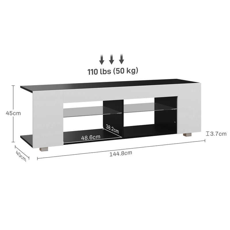 HOMCOM TV Stand 145cm TV Unit With Glass Shelves RGB LED Light For 60 Inch TV