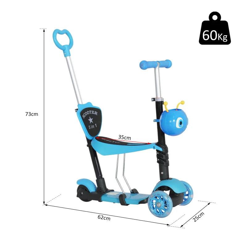 HOMCOM 5-in-1 Children's  Kick Scooter W/Removable Seat-Blue