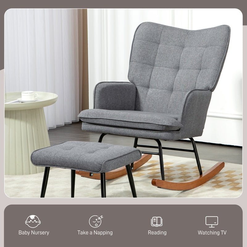 HOMCOM Rocking Chair with Footstool Fabric Wingback Chair for Bedroom Grey