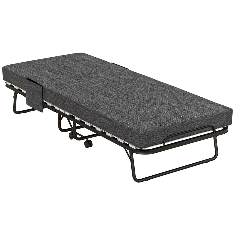 HOMCOM Folding Bed with Mattress Foldable Guest Bed on Wheels w/ Cover Dark Grey