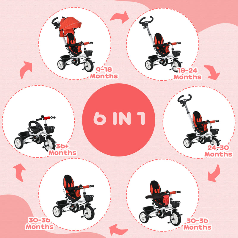 HOMCOM 6 in 1 Red Trike for Toddler 1-5 Years with Parent Handle