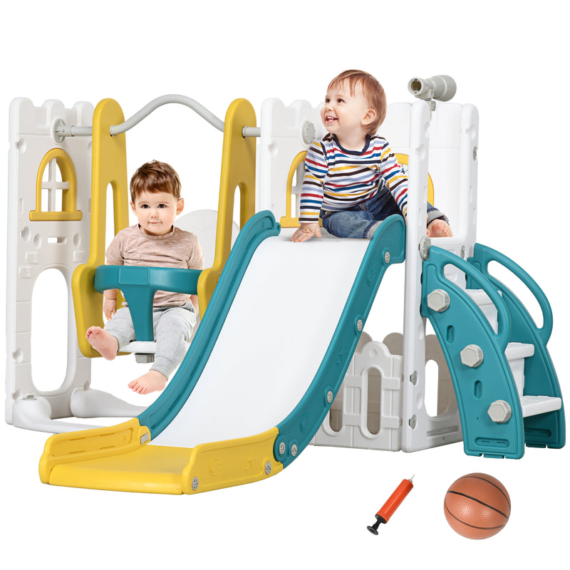 AIYAPLAY 6-in-1 Toddler Climber And Set W/ Basketball Hoop, Telescope Yellow