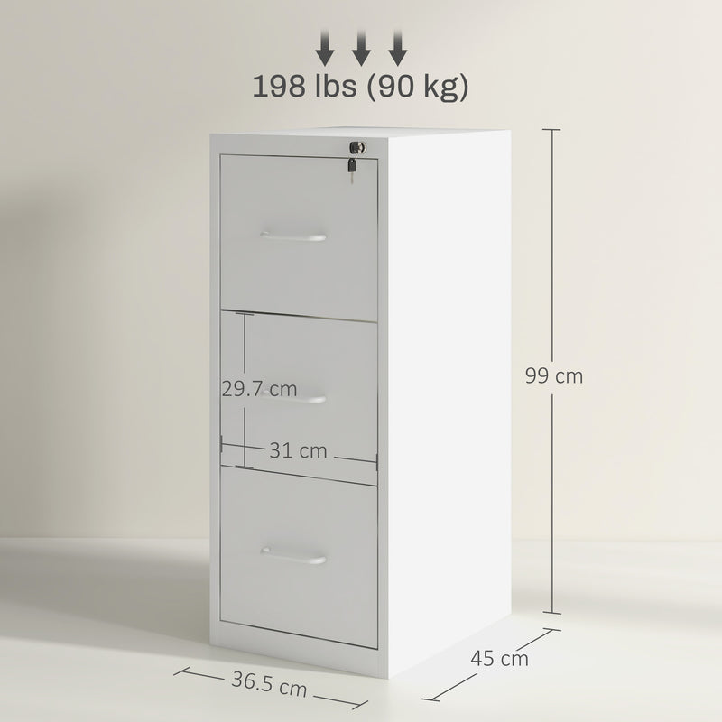 3 Drawer Filing Cabinet with Adjustable Hanging Bar for A4 and Letter Size White