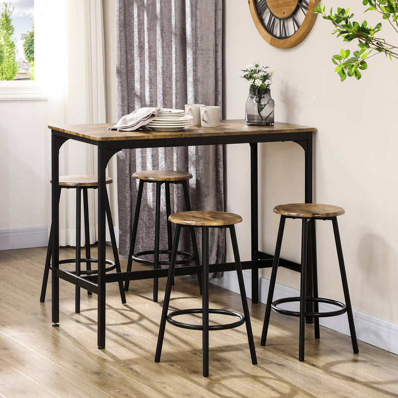 HOMCOM 5 Piece Brown Bar Table and Stools Set with Metal Frame Rustic