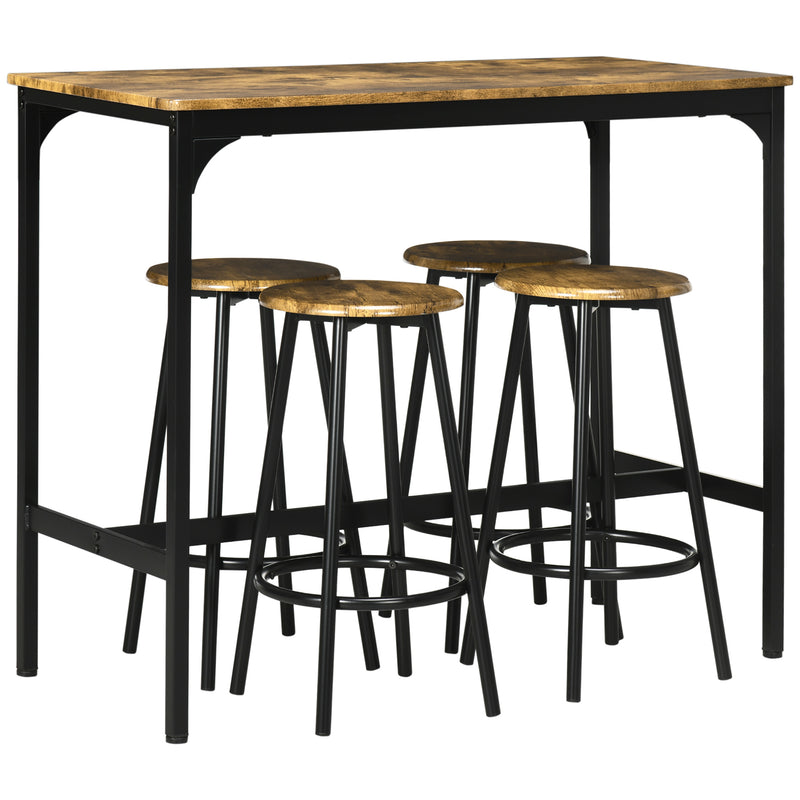 HOMCOM 5 Piece Brown Bar Table and Stools Set with Metal Frame Rustic