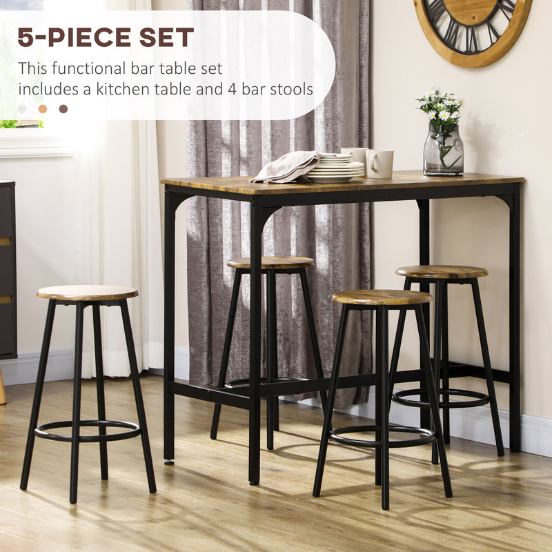 HOMCOM 5 Piece Brown Bar Table and Stools Set with Metal Frame Rustic