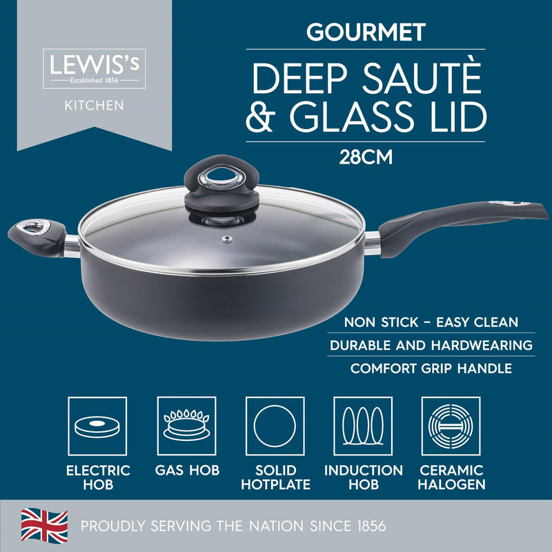 Lewis's Gourmet 28cm Non-Stick Deep Sauté Pan with Tempered Glass Lid