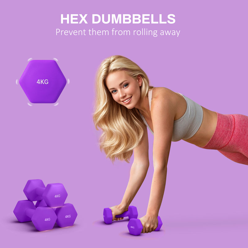 SPORTNOW Set of 2 Hexagonal Dumbbells Weights Pair, 2 x 4kg, Purple