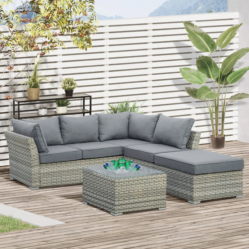 Outsunny Rattan Corner Sofa Set with Table & Ice Bucket - Light Grey