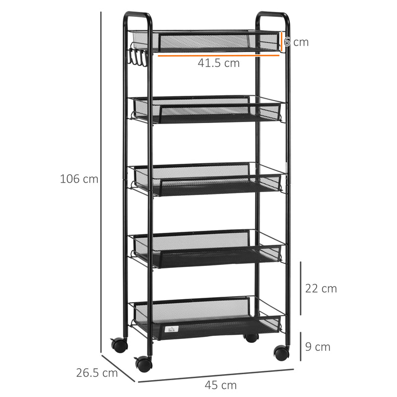 HOMCOM 5 Tier Utility Rolling Cart with Removable Mesh Baskets, Black