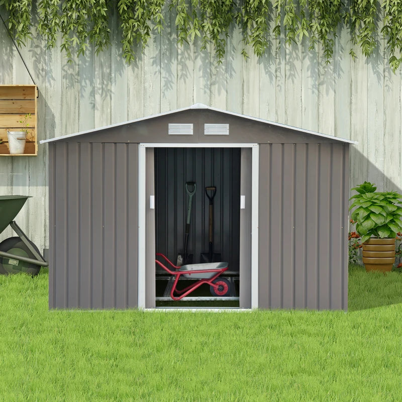 Outsunny Storage Shed in Galvanised Steel with Sliding Door 9ft x 6ft - Grey