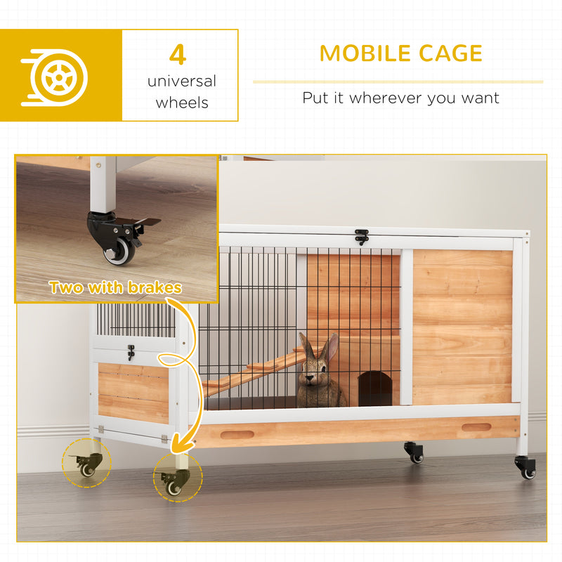 PawHut Wood Indoor Rabbit Hutch 2-Floor Design W/ Wheels, Yellow