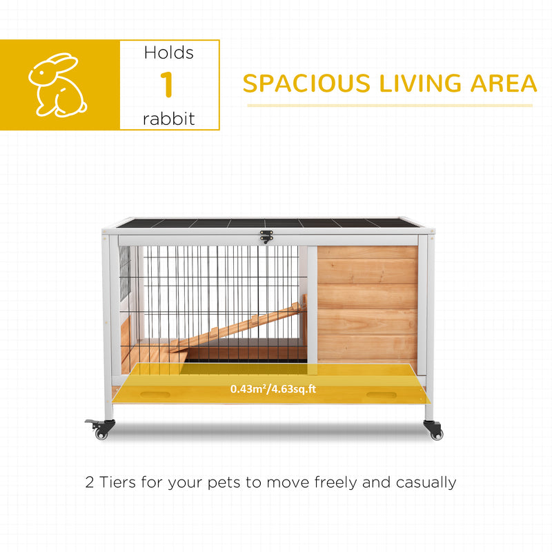 PawHut Wood Indoor Rabbit Hutch 2-Floor Design W/ Wheels, Yellow