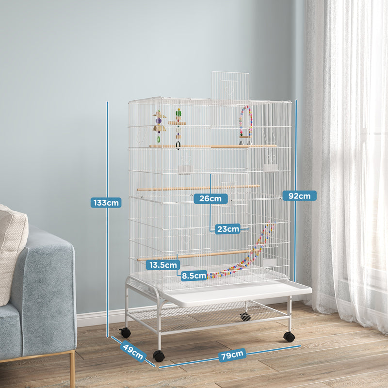 PawHut Bird Cage with Stand, Wheels, Toys, for Budgies, Finches, White