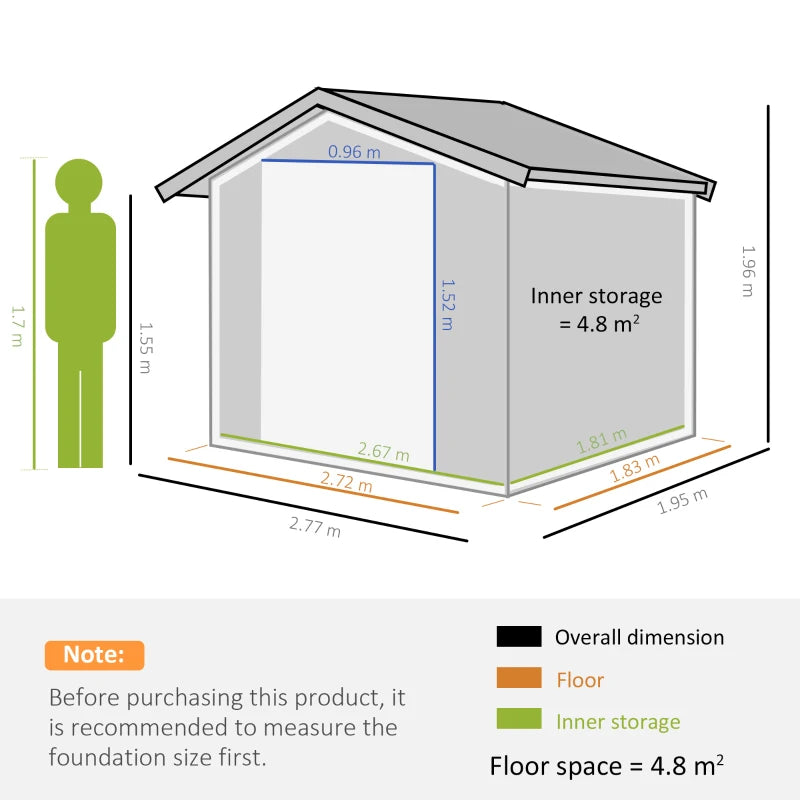 Outsunny Storage Shed in Galvanised Steel with Sliding Door 9ft x 6ft - Grey