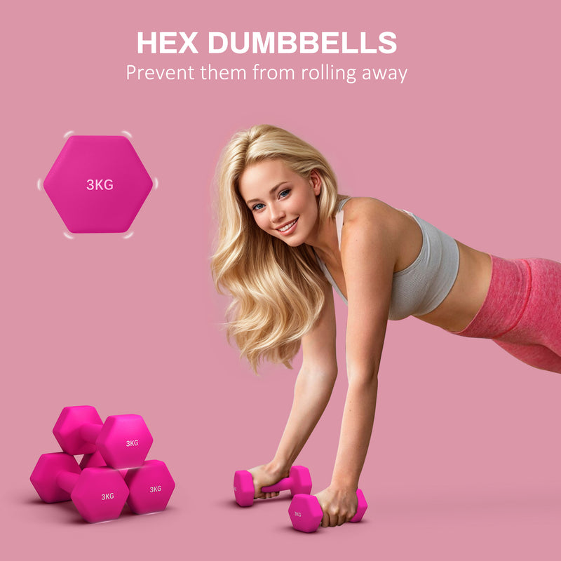 SPORTNOW Set of 2 Hexagonal Dumbbells Weights Pair, 2 x 3kg, Pink