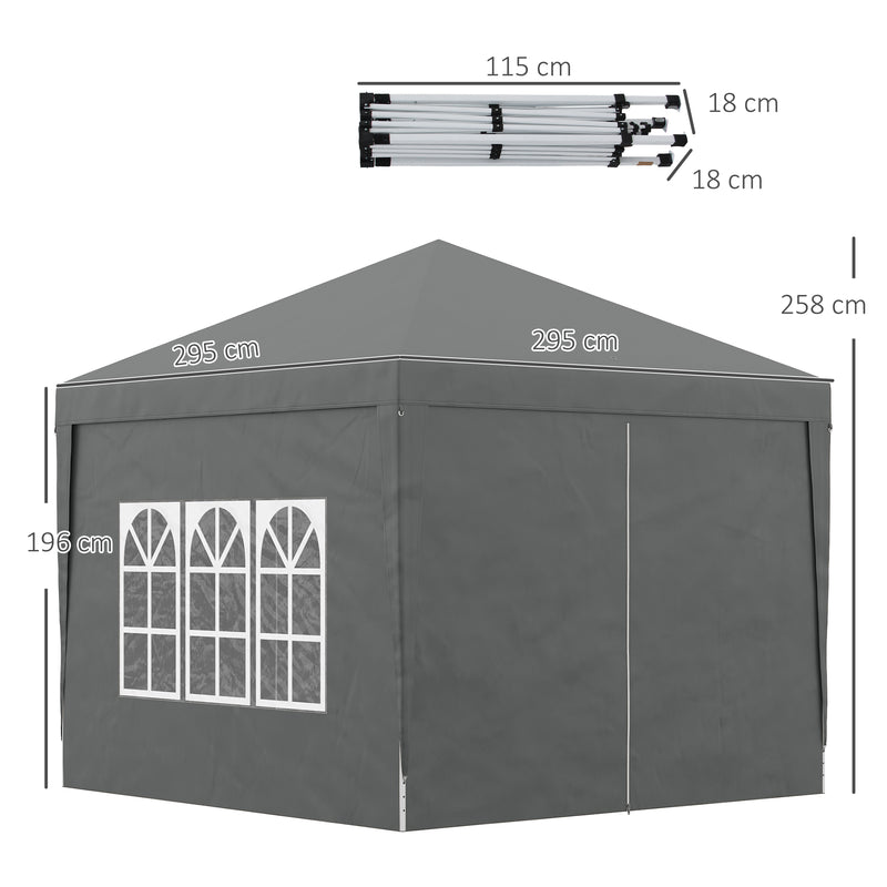 Outsunny 3mx3m Pop Up Gazebo Party Tent Canopy Marquee with Storage Bag Grey