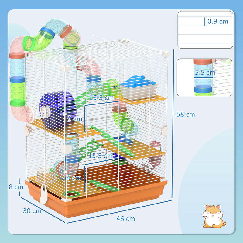 Pawhut 5 Tier Hamster Cage Carrier Habitat W/ Exercise Wheels, Orange